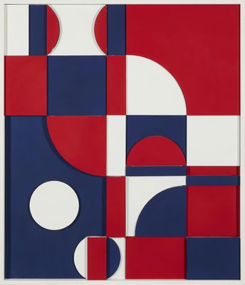 une peinture abstraite composée de formes rouges, blanches et bleues