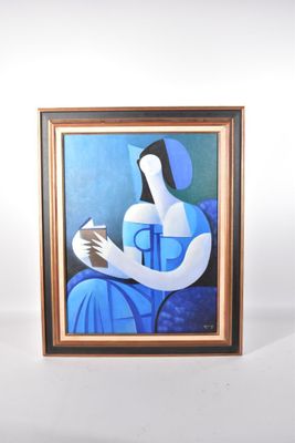 tableau représentant une femme en robe bleue tenant une tasse