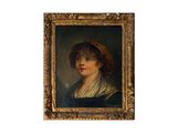 portrait of a young woman in a red hat by a gold frame