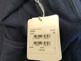 the back of a blue shirt with a price tag on it