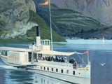 a painting of a boat on the water with mountains in the background