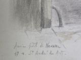 pencil drawing of a man sitting on a bench next to a fire hydrant
