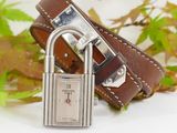 brown leather cuff bracelet with a padlock on it and leaves in the background