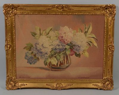 tableau représentant un vase de fleurs dans un cadre doré posé sur une table