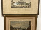 two framed pictures of a building and a building with a clock tower