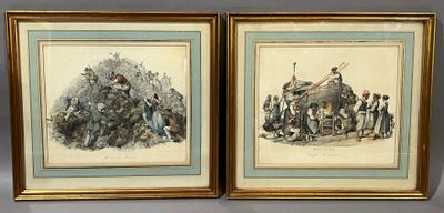 two framed pictures of a painting of a group of people in a field