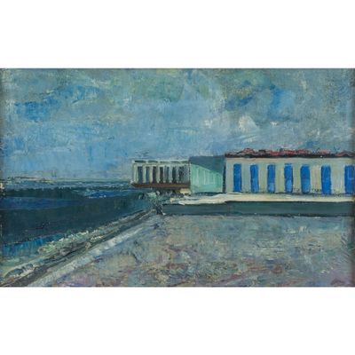 une image représentant un tableau d'un bâtiment au bord de l'eau