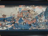 tableau représentant un bateau sur un plan d'eau avec des personnes à bord