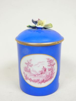une image représentant un récipient bleu et blanc surmonté d'une fleur