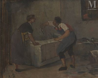 tableau représentant deux femmes travaillant dans une cuisine où se trouve une machine à laver