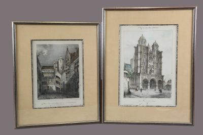 deux reproductions encadrées représentant une église et un bâtiment, accrochées au mur