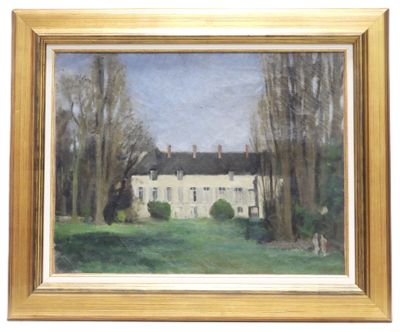 une peinture à l'huile représentant une maison dans un champ, avec des arbres au premier plan