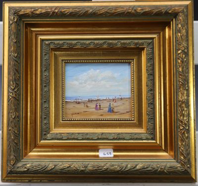 un tableau représentant une scène de plage avec des personnes marchant sur le sable