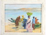 une peinture représentant un groupe de personnes sur la plage
