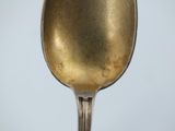 a silver spoon with a gold handle on a table