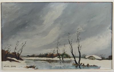 an image of a painting of a snowy landscape with trees in the foreground