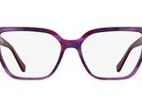 the glasses are made of plastic and have a purple frame