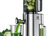 une photo d'un extracteur de jus avec un verre de jus vert