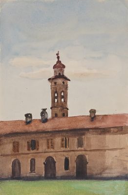 a watercolor painting of a building with a clock tower