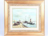 an oil painting of boats on the water near a pier