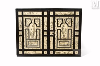 a close up of a black and white cabinet with two doors
