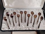 six spoons in a case are lined up in a row