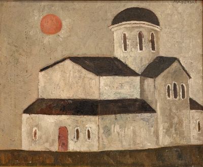 tableau représentant une église blanche avec une porte rouge et un toit noir