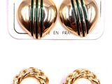 two pairs of gold tone earrings with green and white stripes