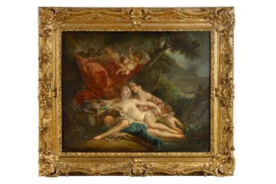 une image représentant un tableau où l'on voit une femme et un enfant dans un décor boisé