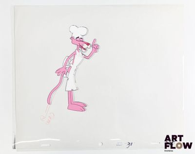 cellule d'animation représentant une panthère rose coiffée d'une toque de chef