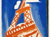 an image of a painting of the eiffel tower in orange and blue