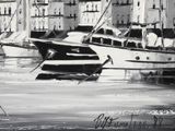 painting of a black and white picture of a harbor with boats