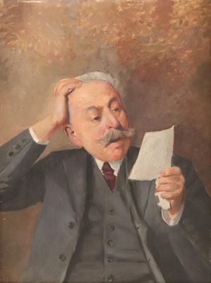 painting of a man in a suit holding a piece of paper in his hand