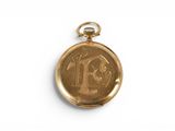 an image of a gold pocket watch with the number thirteen on it