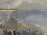a painting of a lighthouse on the shore of a beach