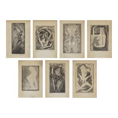 six dessins représentant différents types d'œuvres d'art sur fond blanc