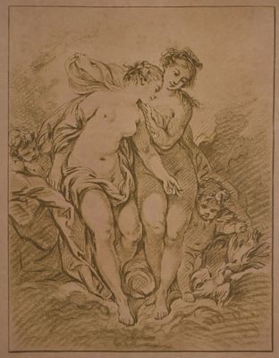 un vieux dessin représentant un homme et une femme dans un paysage