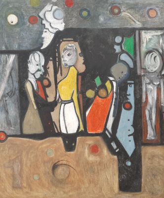 une image d'une peinture représentant un groupe de personnes devant un bâtiment