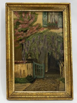 an image of a painting of a horse in front of a house