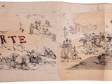 an old book with a drawing of a group of people on it
