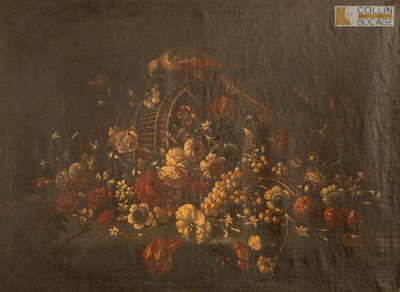 peinture d'une nature morte de fruits et de fleurs sur une table