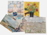 several paintings of a woman sitting on a chair next to a vase of flowers