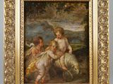 an image of a painting of three children playing with a horse