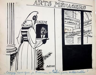 drawing of a woman holding a plate of food in front of a store