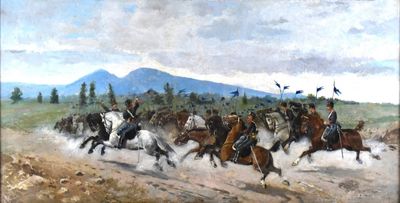 un tableau représentant un groupe d'hommes à cheval sur un chemin de terre