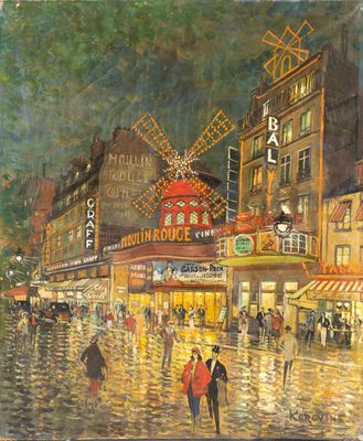 an oil painting of people walking down a wet street at night
