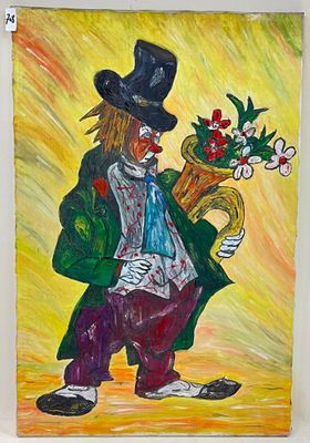Portrait d'un clown au tuba. Huile sur toile.
