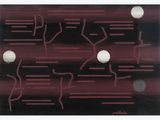 an image of a black and red abstract painting with white dots
