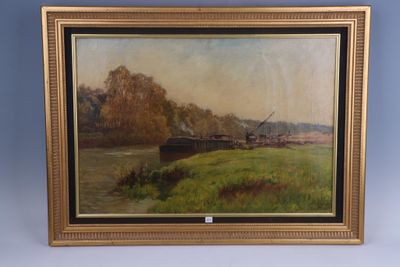 an oil painting of a river scene with a boat in the water