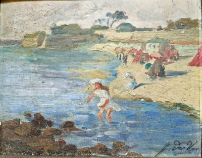 reproduction d'un tableau représentant des personnes sur une plage au bord d'un plan d'eau